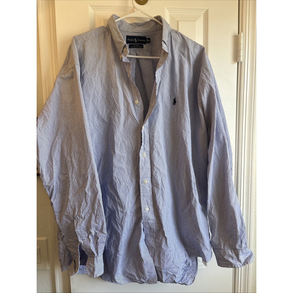 Ralph Lauren Mens Shirt Blake 100% 2 Ply Cotton Oxford Blue Pin Stripe XL Topb30